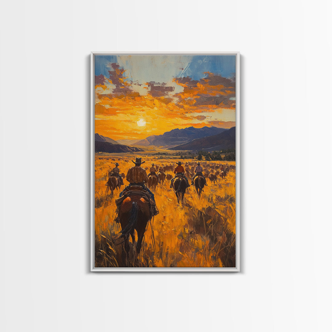 Cowboy Riders at Dusk Framed Canvas Print, Warm Sunset Western Scene with Riders on the Plains, Fall Decor Ranch Homes and Country Wall Art