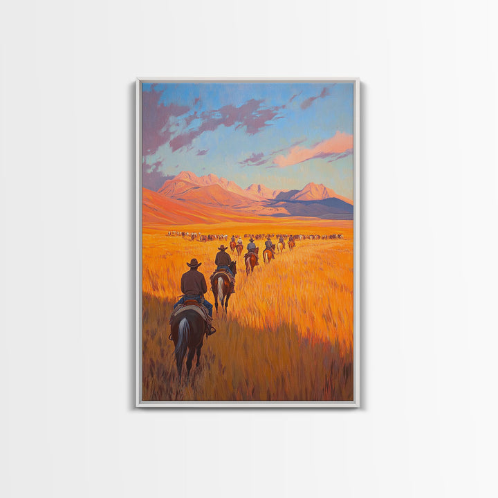 Cowboy Campfire Framed Canvas Print, Evening Gathering with Riders Around Fire, Western Landscape Art for Fall or Winter Home Decor