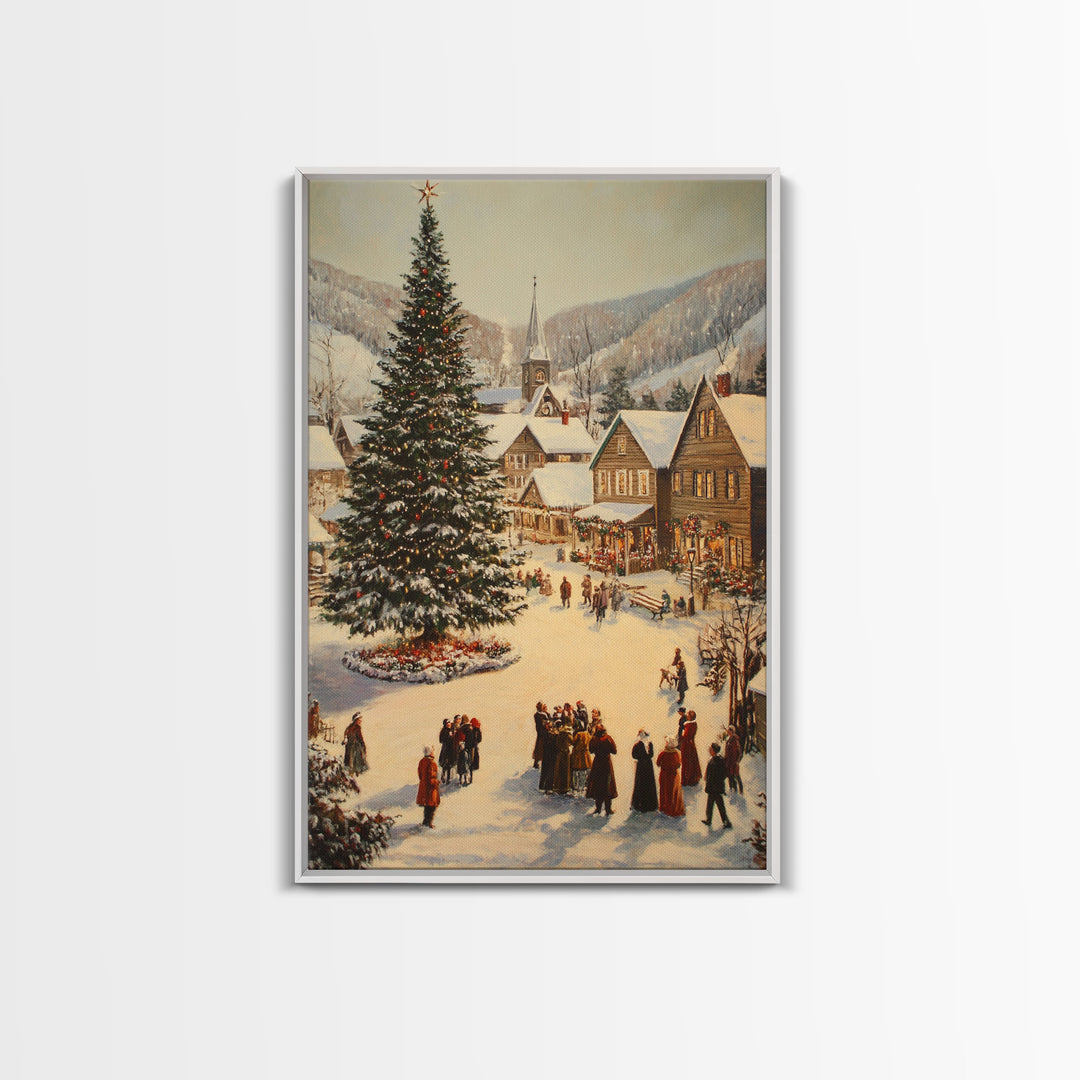 Victorian Christmas Village Framed Canvas Print, Festive Winter Scene Large Christmas Tree, Wall Art for Vintage Country or Farmhouse Decor