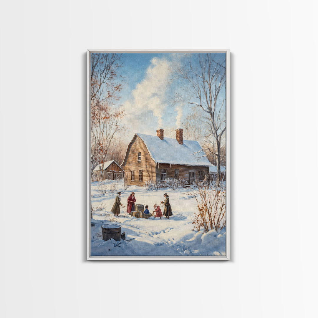 Snowy Country Homestead Framed Canvas Print, Winter Family Gathering Outside Farmhouse, Rustic Christmas Wall Art Holiday Seasonal Decor