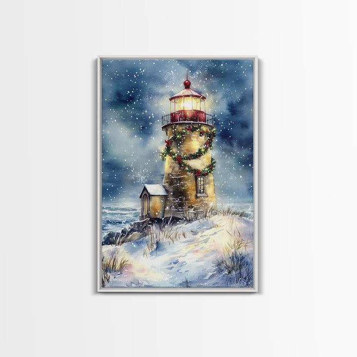 Snowy lighthouse under moonlit sky with wreath, Framed Canvas Print, beach Christmas decor for winter wonderland, holiday wall art