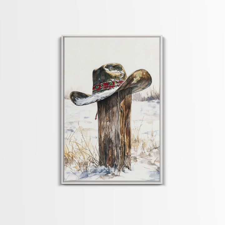 Rustic cowboy hat on snow-covered post, Framed Canvas Print, winter western decor, farmhouse Christmas art, above sofa art rustic homes