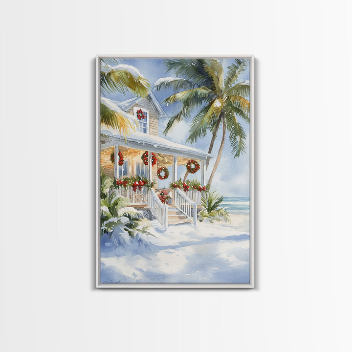 Beach Christmas porch with palm trees and wreaths, holiday decor Framed Canvas Print Christmas wall art farmhouse tropical decor idea