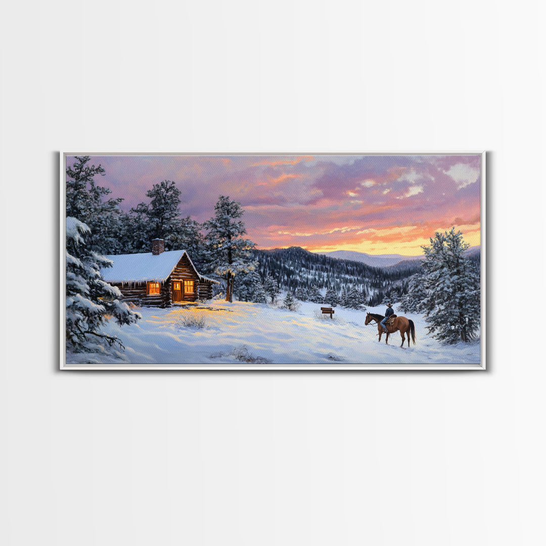 Large Cabin Winter Scene Framed Canvas Print Perfect Wall Art Home Decor, Rustic Christmas Art, Winter Art Print Gift Seasonal Wall Decor