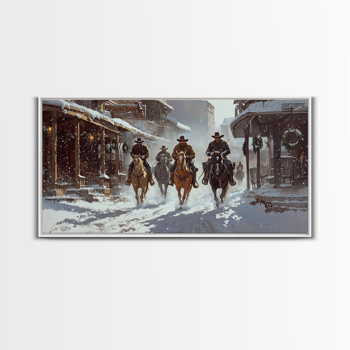 Snowy Cowboy Christmas Town Canvas Print, Rustic Western Christmas Decor, Perfect Holiday Home Decor and Vintage Wall Art