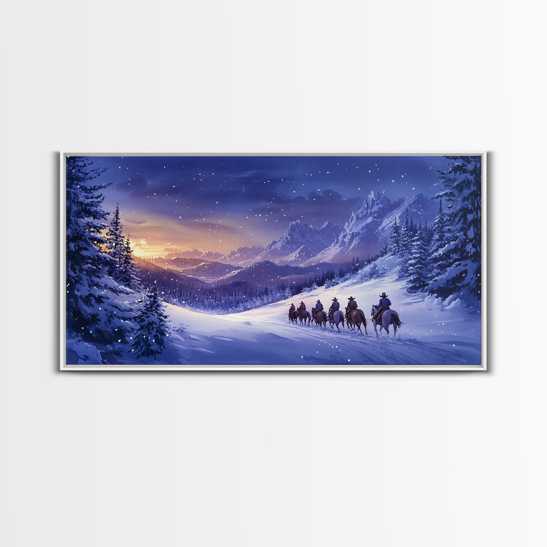 Winter Wonderland Cowboy Canvas Print, Snowy Mountain Landscape Art, Rustic Christmas Decor, and Holiday Western Themed Wall Art