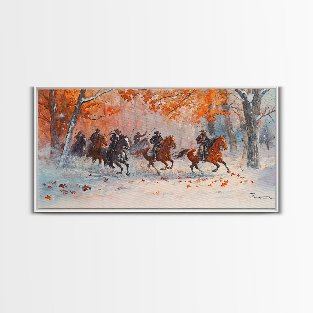Framed Canvas Print Fall Forest Cowboys in Vibrant Autumn Colors, Perfect Autumn Wall Art, Rustic Home Decor, and Seasonal Cowboy Art