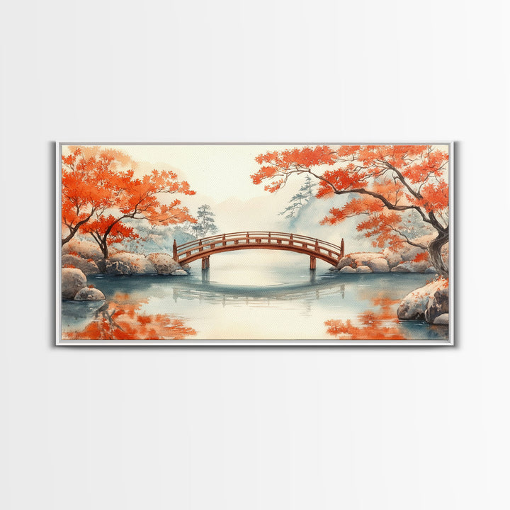 Tranquil Japanese Autumn Bridge Framed Canvas Print Fall Nature Scene Art Minimalist Wall Decor Seasonal Holiday Gift Idea 2024