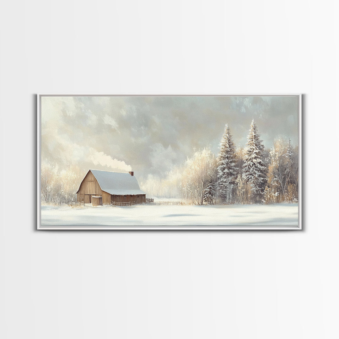 Snowy Barn In Winter Wonderland Tall Art Framed Canvas Print Tranquil Rustic Barn Covered In Snow With Pine Trees Winter Landscape