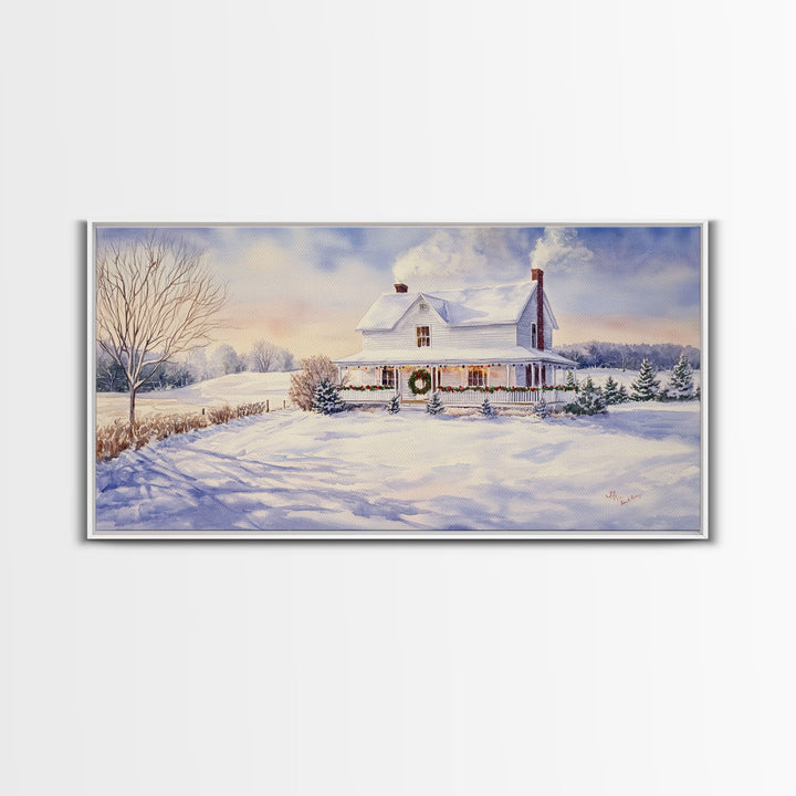 Farmhouse Christmas decor Framed Canvas Print snowy white farmhouse with wreath winter wonderland holiday decor best gift Christmas wall art