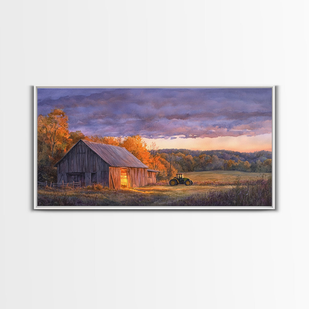 Rustic autumn farmhouse decor Canvas Print sunset landscape with tractor and barn moody landscape fall decor autumn wall art gift idea