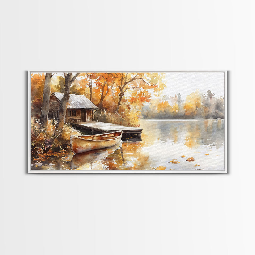 Autumn lakeside cabin decor Canvas Print fall colors cabin and canoe moody landscape rustic seasonal wall art autumn home decor gift idea