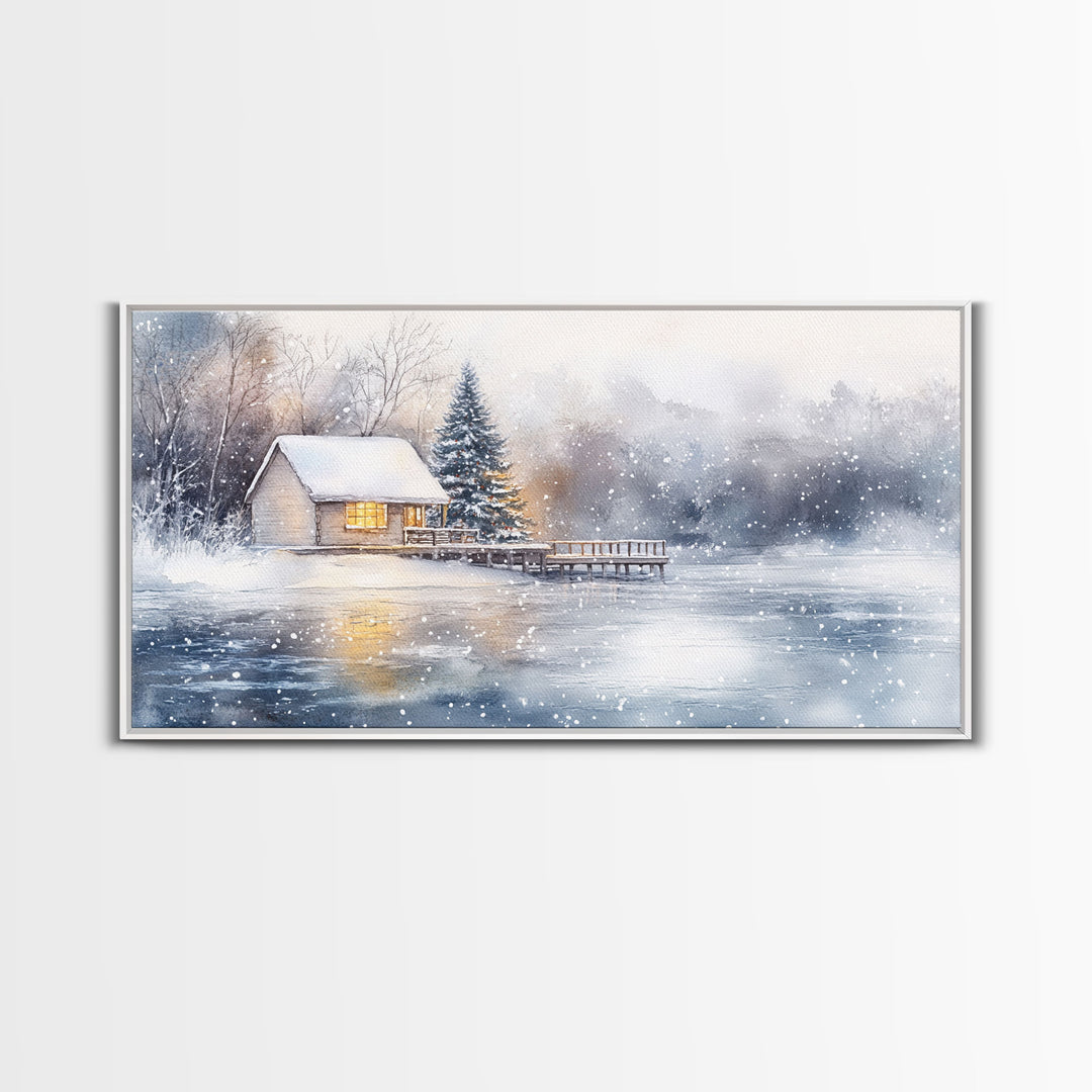 Christmas winter cabin Framed Canvas Print snowy lakeside cabin Christmas tree cozy holiday decor winter wonderland art Christmas wall decor