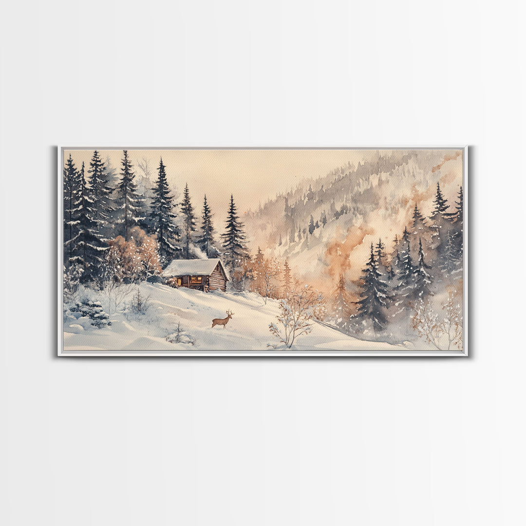 Christmas winter cabin Canvas Print snowy mountain cabin deer cozy holiday wall art winter wonderland seasonal decor Christmas gift idea