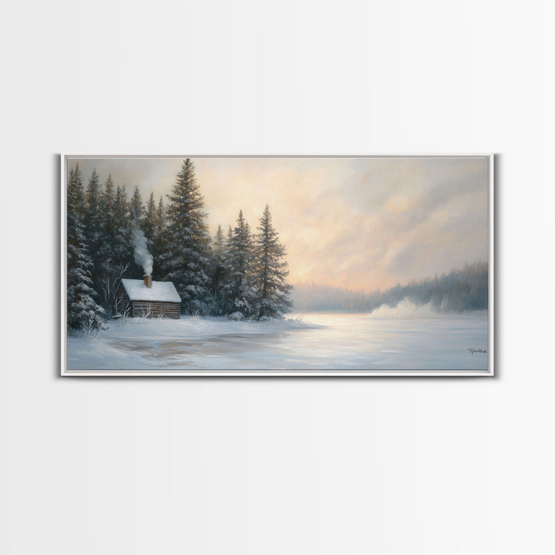 Winter Cabin By The Lake Tall Art Framed Canvas Print Snow Covered Cabin In Peaceful Forest With Winter Wonderland Scene