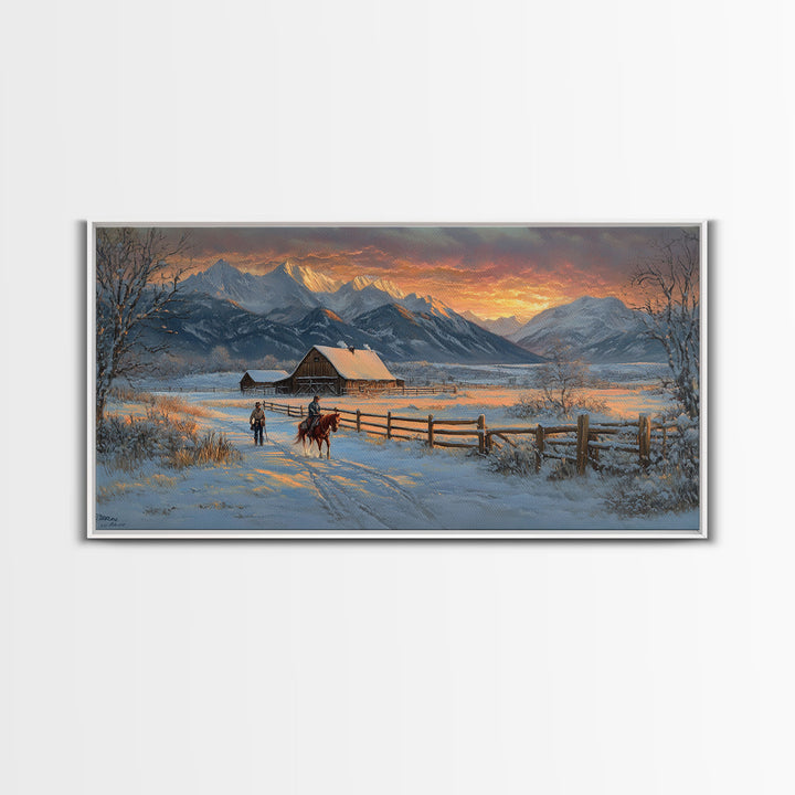 Dawn on the Frontier - Christmas scene art, winter wonderland, rustic Christmas art, Christmas farmhouse decor, snowy mountain art