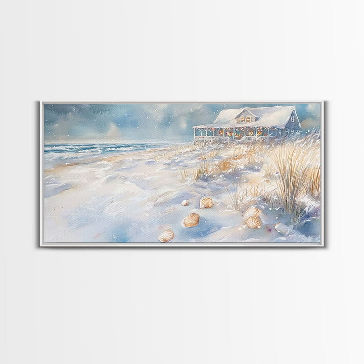 Seaside Snowfall - beach Christmas, beach Christmas decor, Christmas vacation decor, winter wall art, Christmas tree art