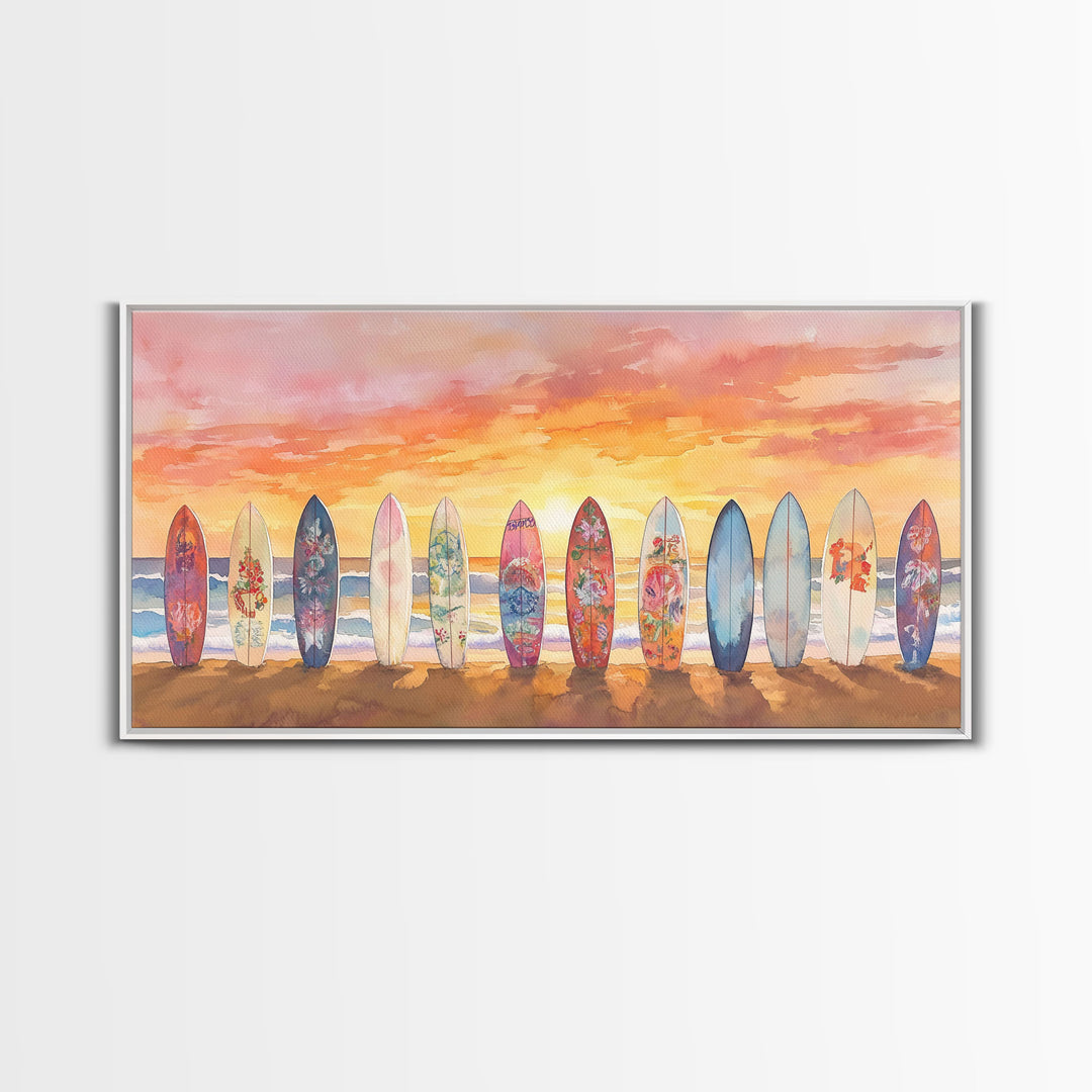 Vibrant Sunset Beach Art Surfboard Canvas Print Tropical Beach Wall Art Framed Canvas Print Fall Beach Scene Autumn Surfboard Decor