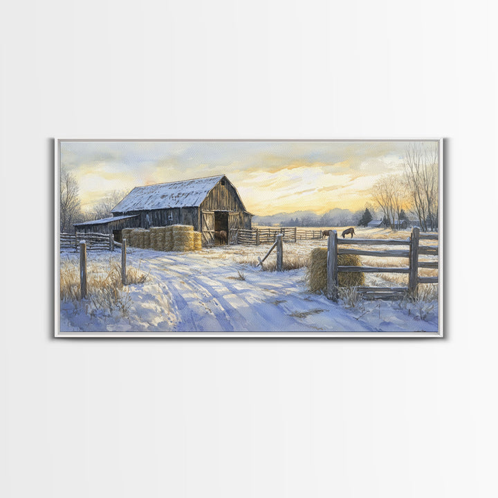 Snowy Barn Horses Canvas Print Winter Landscape Art Farmhouse Christmas Wall Art Framed Canvas Print Rustic Christmas Outdoor Decor