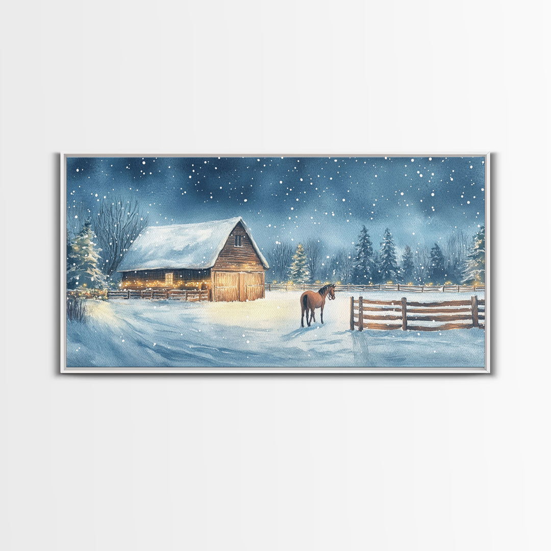 Snowy Horse Barn Canvas Print Christmas Farmhouse Decor Winter Wonderland Art Framed Canvas Print Christmas Outdoor Wall Art