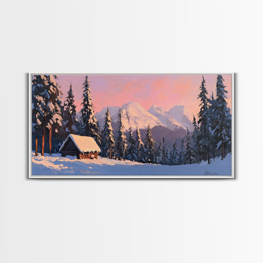 Snowy Mountain Cabin Tall Art Framed Canvas Print Cozy Winter Cabin Nestled In Snowy Forest With Majestic Mountain Landscape