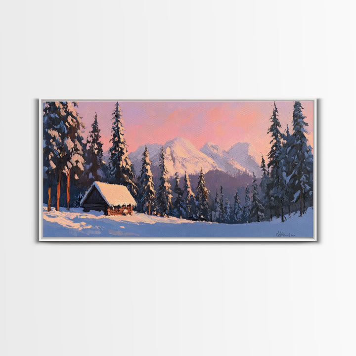 Snowy Mountain Cabin Tall Art Framed Canvas Print Cozy Winter Cabin Nestled In Snowy Forest With Majestic Mountain Landscape