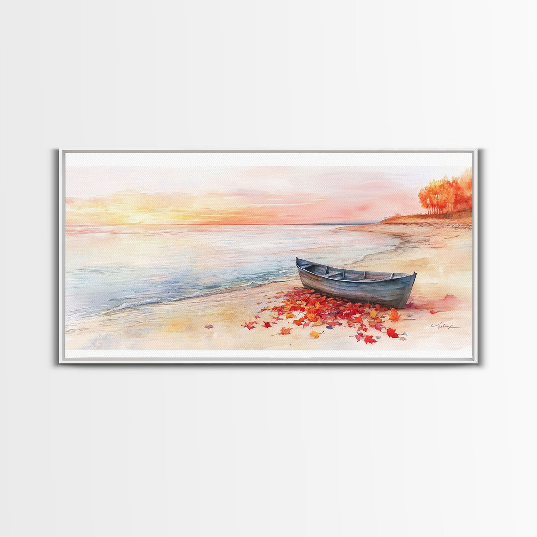 Autumn beach landscape art, fall sunset wall art, coastal boat decor, beach fall home decor, seasonal wall art gift, framed canvas print