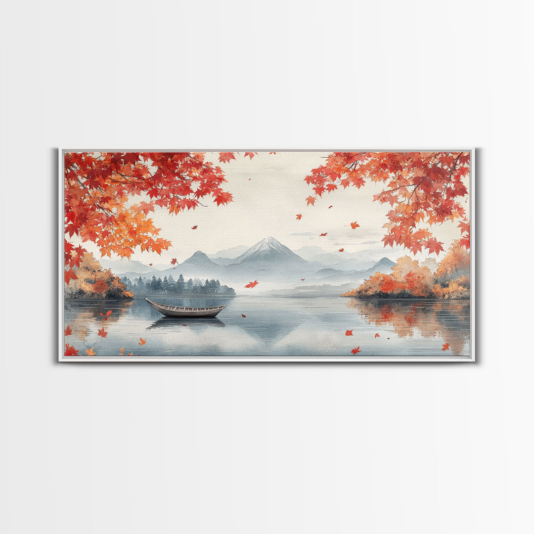 Mountain lake autumn art, fall leaves and boat decor, peaceful autumn landscape, serene fall wall art, framed canvas print, autumn decor