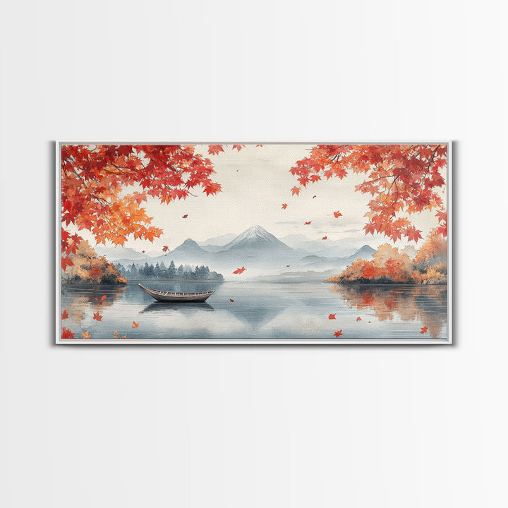 Mountain lake autumn art, fall leaves and boat decor, peaceful autumn landscape, serene fall wall art, framed canvas print, autumn decor