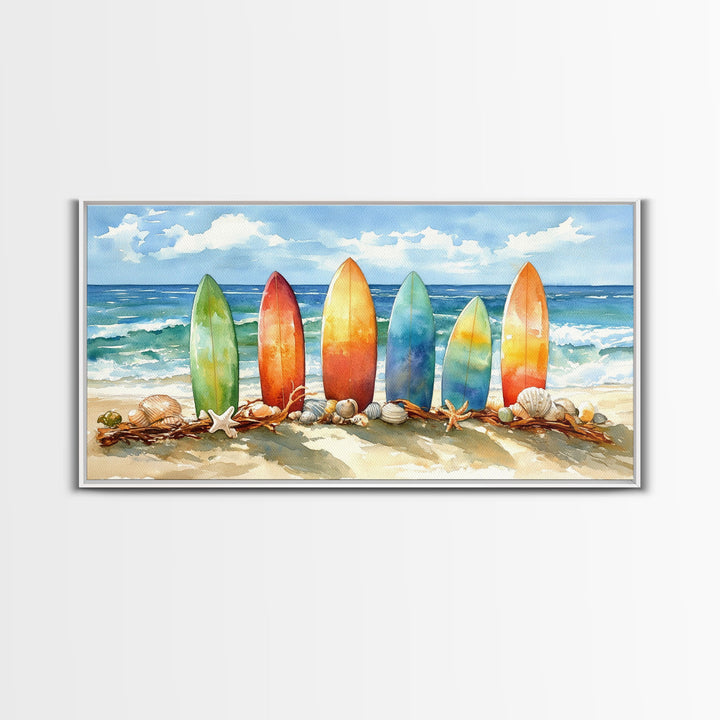 Colorful surfboards Christmas wall art, beach holiday decor, coastal Christmas art, framed canvas print, tropical Christmas art gift