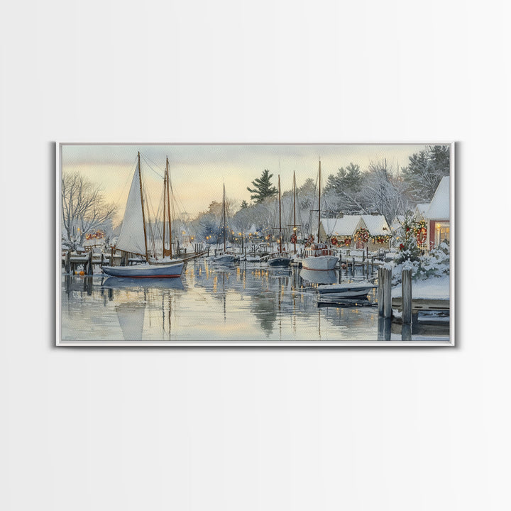 Snowy Boats at a Festive Pier Scene, Framed Canvas Print, Coastal Christmas Decor, Art, Winter Wonderland, Nautical Christmas Wall Print