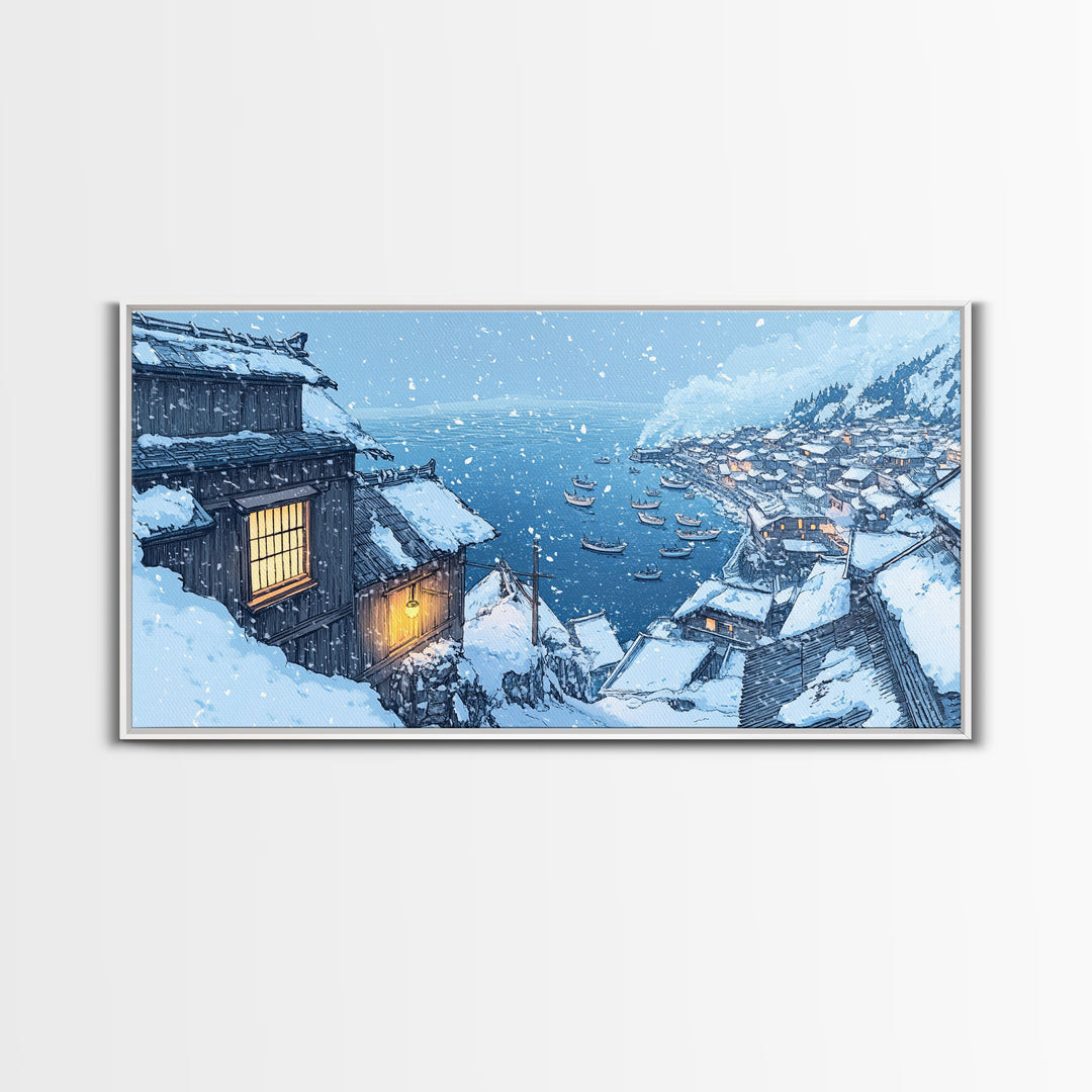 Snowy Village by the Sea, Framed Canvas Print, Nautical Christmas Art, Winter Wonderland, Coastal Christmas Decor, Holiday Wall Print