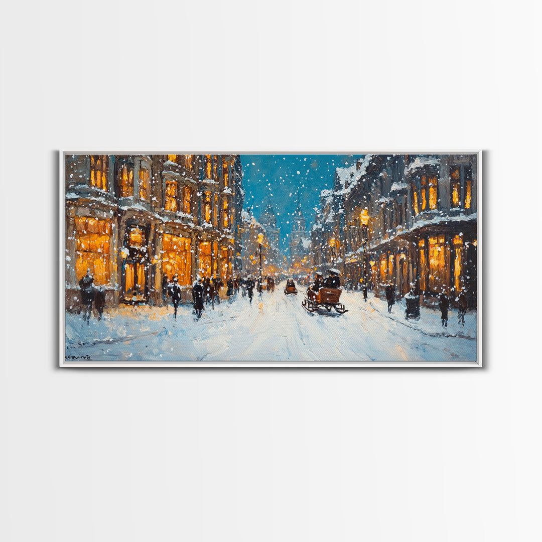 Large Framed Canvas Print Winter Wonderland Snowy City Street Art with Horse Carriage Perfect Christmas Home Decor Holiday Wall Art