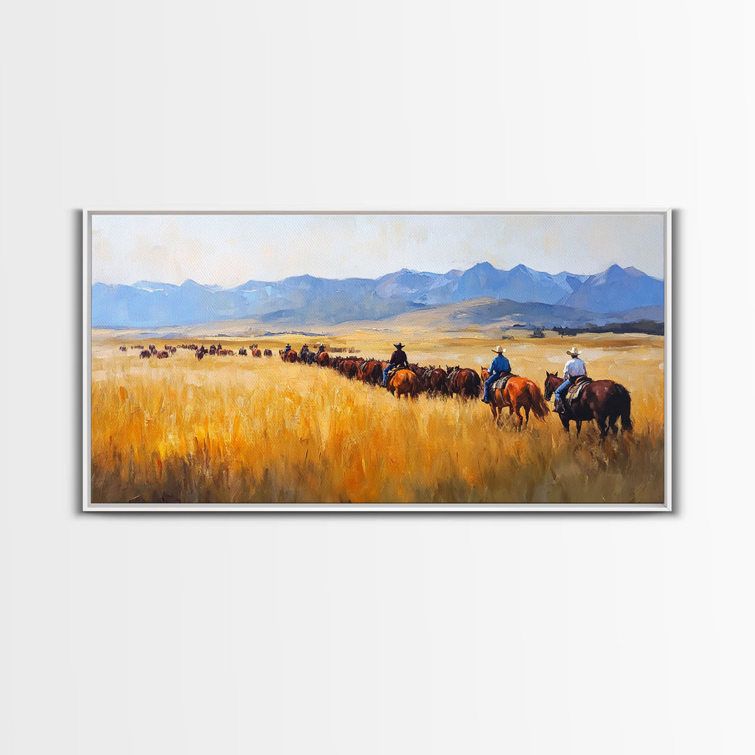 Cowboys Framed Canvas Print Western Country Horse Ride Scenic Art Large Landscape Wall Decor Ideal Holiday and Ranch Home Gift