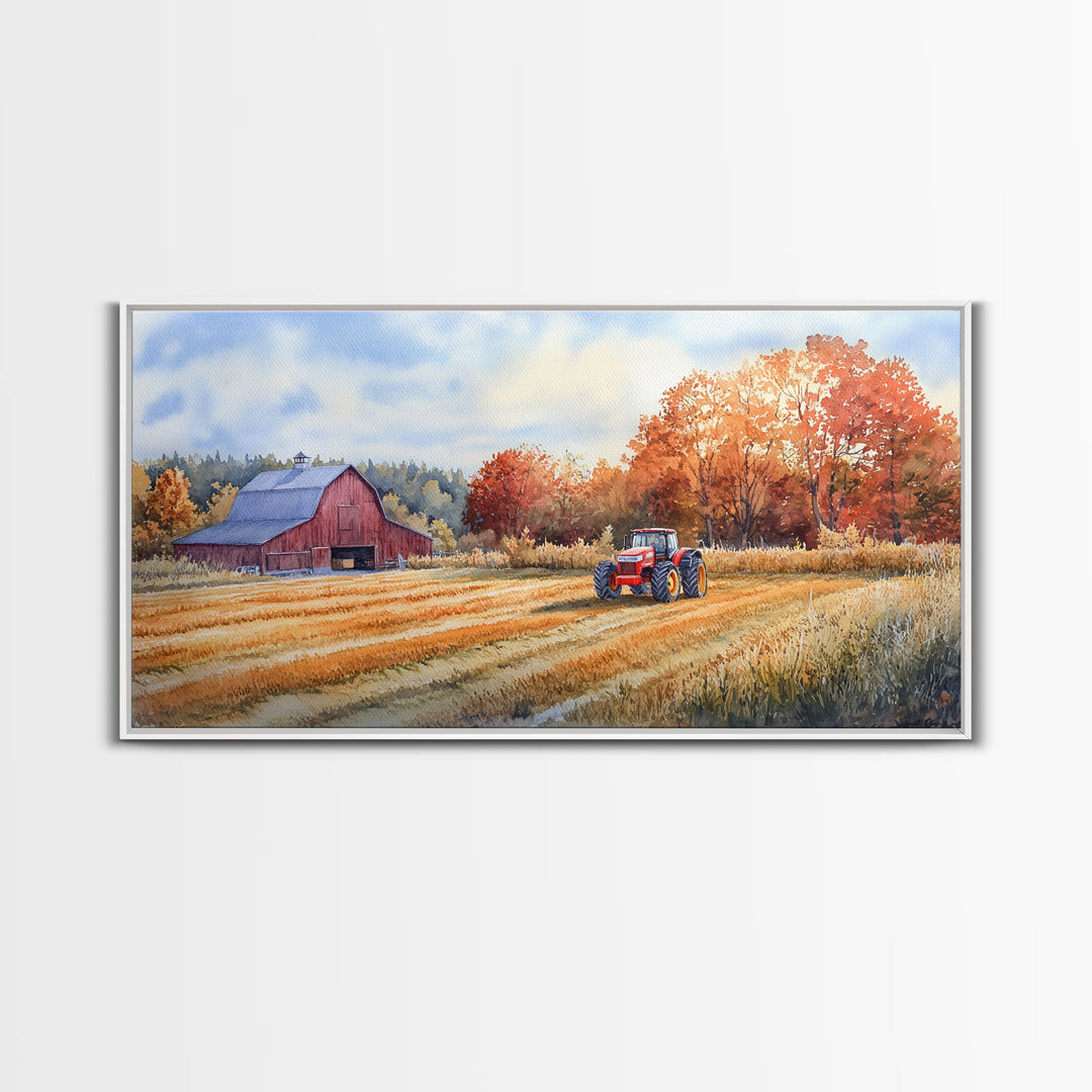 Red Barn in Autumn Landscape, Framed Canvas Print, Farmhouse Fall Decor, Watercolor Wall Art, Above Sofa Art, Wall Decor, Gift Idea 2024