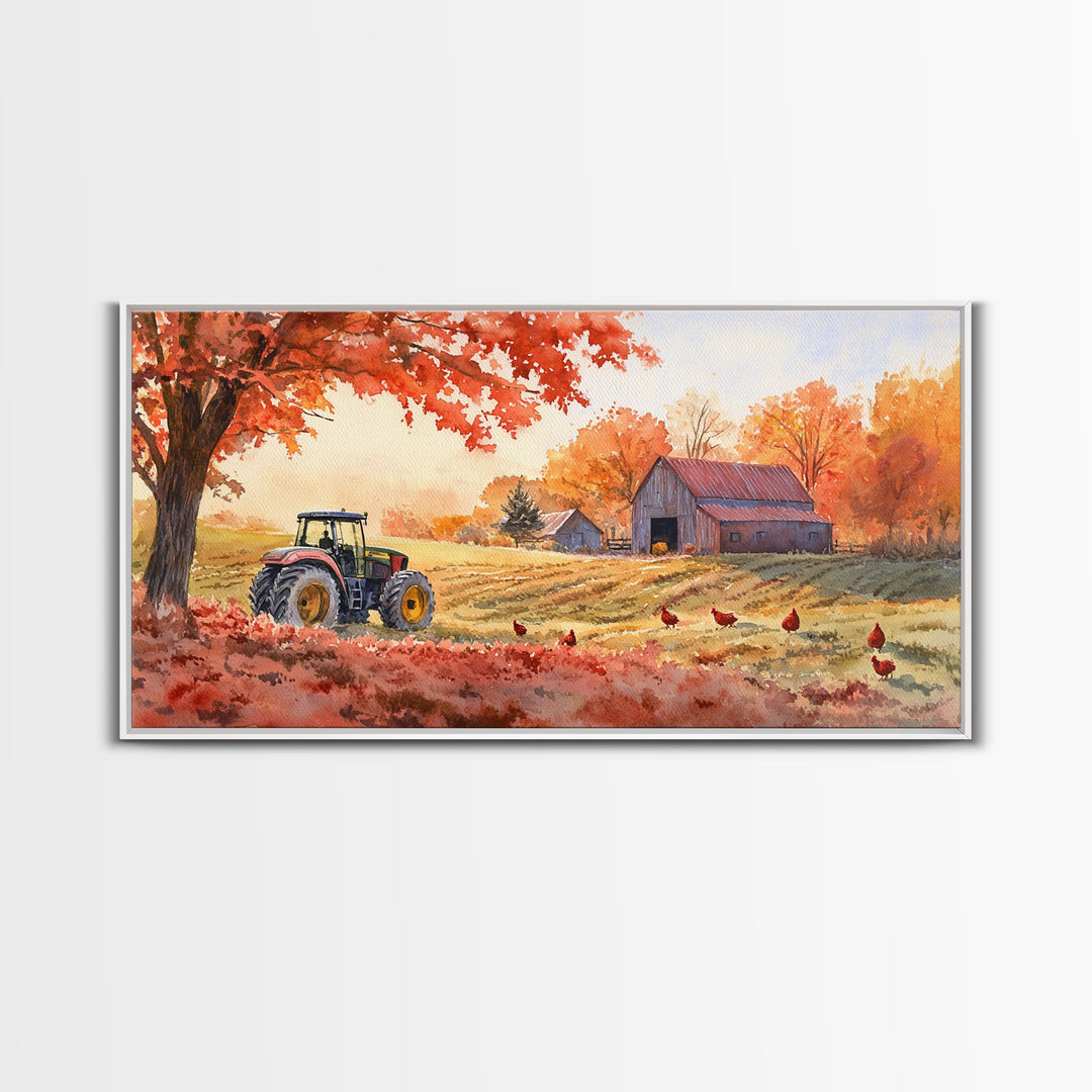 Tractor in Fall Field with Barn, Watercolor Wall Art, Farmhouse Autumn Decor, Framed Canvas Print, Home Decor, Above Sofa Art, Gift Idea