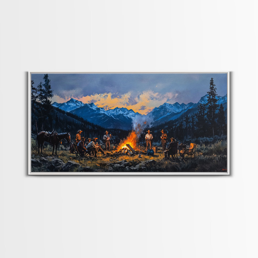 Framed Canvas Print Western Cowboys Campfire Evening Art Landscape Rustic Winter Mountain Home Decor Extra Large Wall Art Gift