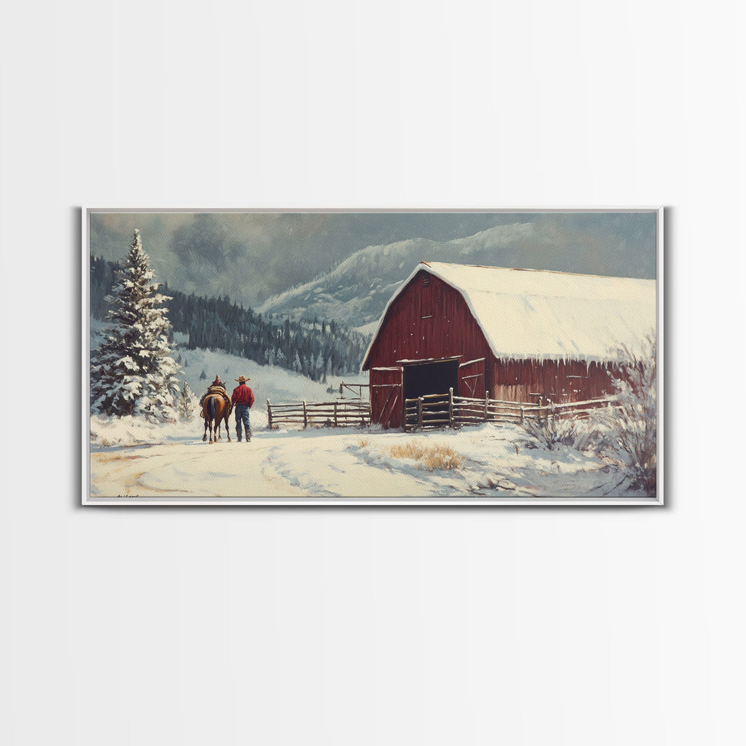 Winter On The Farm, Barn Painting, Framed Canvas Print, Primitive Farmhouse Decor, Christmas Decor, Winter Wonderland Rustic Winter Wall Art