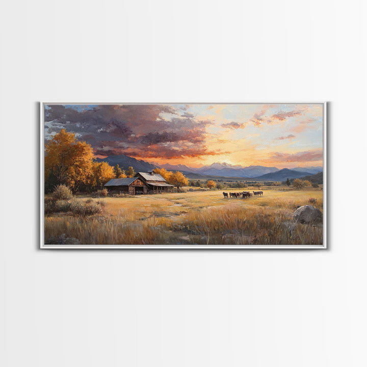 Sunset Ranch Framed Canvas Print Scenic Landscape Art Autumn Mountain Wall Decor Ideal Holiday and Fall Home Decor Extra Large Art