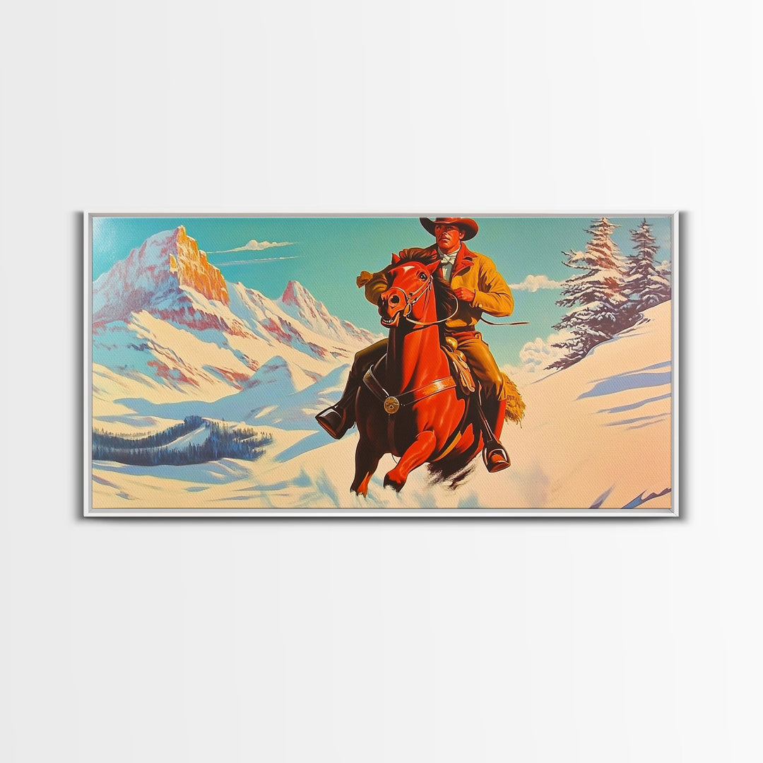 Cowboy in red jacket riding through snow-covered forest, Framed Canvas Print, vibrant winter wall art, rustic western decor