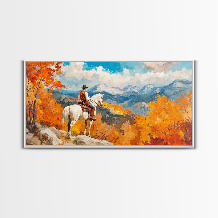 Cowboy on autumn swing, Framed Canvas Print, rustic Western art with vibrant fall, tall framed canvas print autumn decor farmhouse wall art