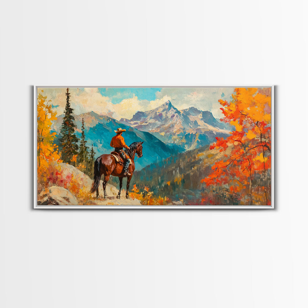 Female cowboy in fall forest, Framed Canvas Print, tall striking artwork rustic or modern farmhouse seasonal wall art