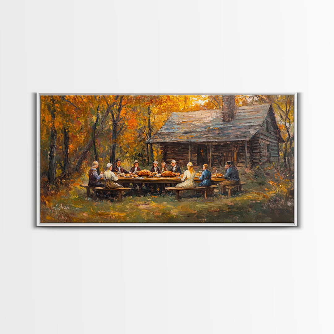 Thanksgiving Dinner With Family At Rustic Cabin, Cozy Fall Harvest Scene Wall Art, Warm Autumn Framed Canvas Print, Country Decor