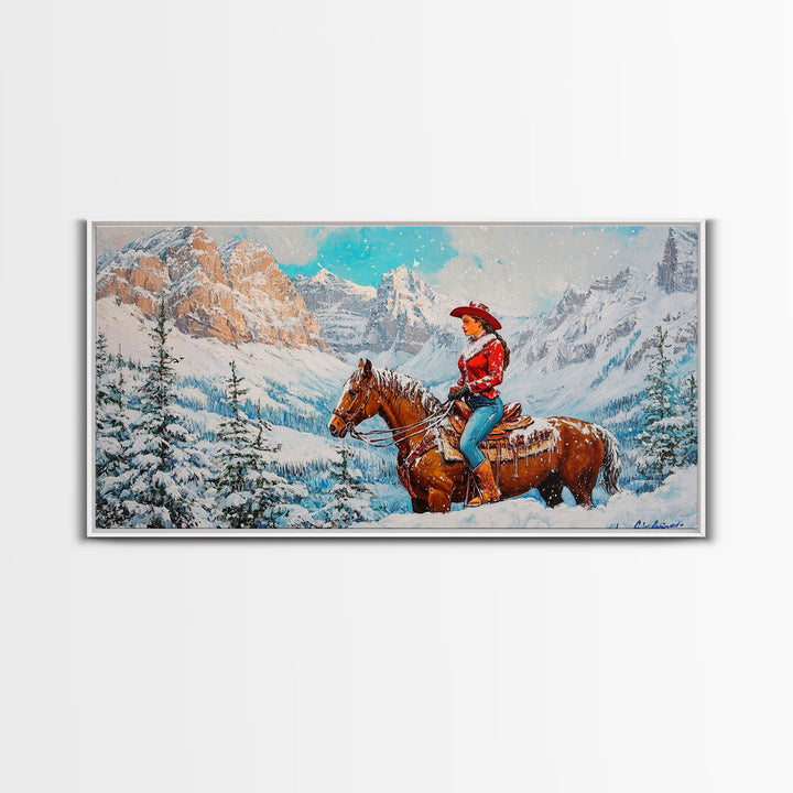 The Rider, Winter Cowgirl Framed Canvas Print, Farmhouse Western Decor, rustic winter wall art for holiday or seasonal decor