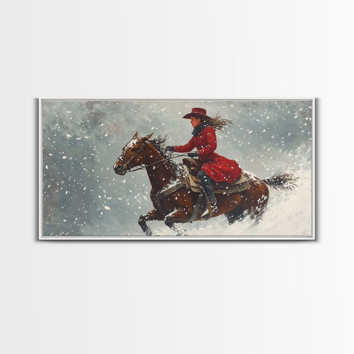 Rider In The Snow, Framed Canvas Print, Winter Wall Art, Rustic Western Decor, Primitive Home Decor, Rustic Farmhouse Art