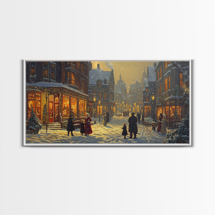 Victorian Christmas Street Scene With Families Shopping, Cozy Winter Wonderland Wall Art, Framed Canvas Print, Vintage Christmas Decor