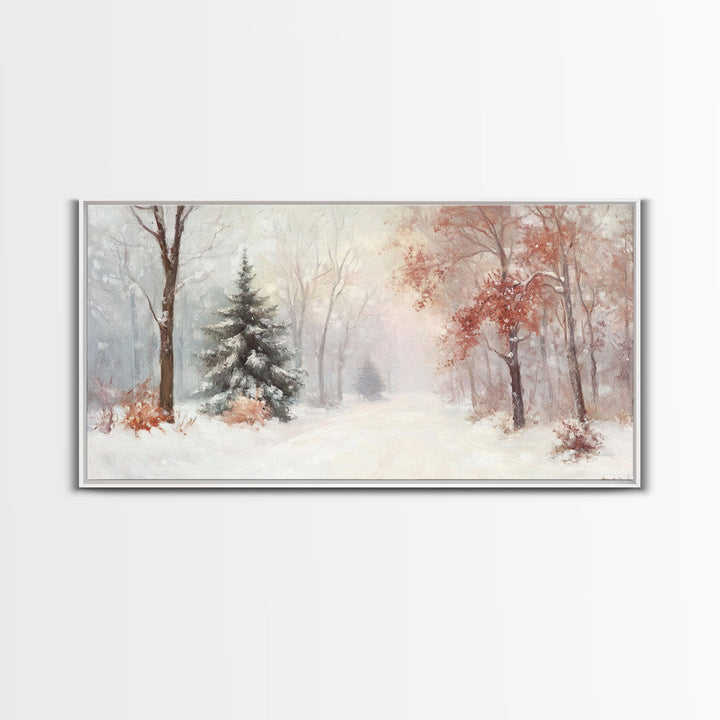 Winter In The Forest, Snowy Landscape Painting, Winter Art, Framed Canvas Print, nostalgic fall festival art for cozy seasonal home decor