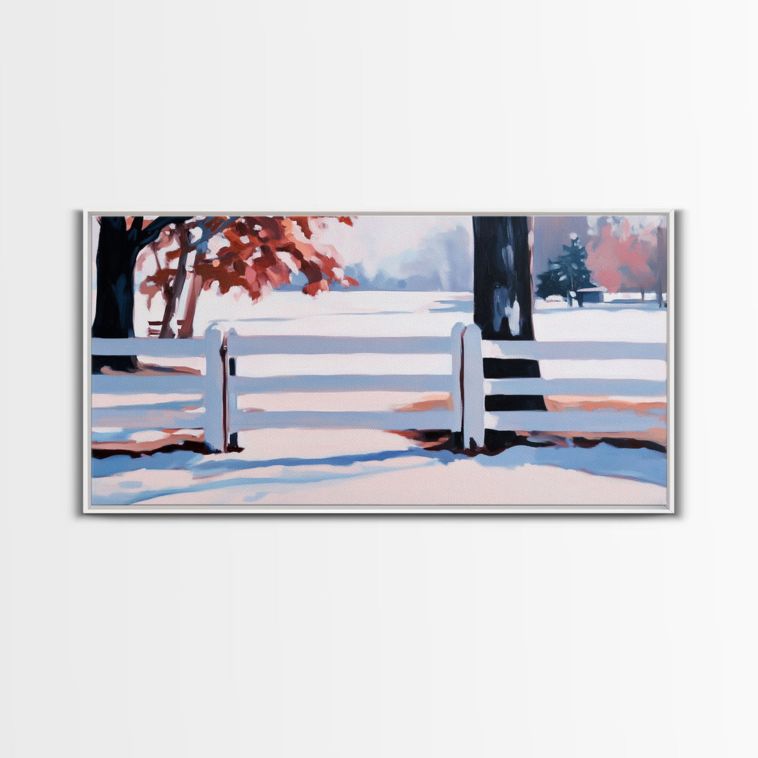 Winter Landscape Framed Canvas Print, Moody Landscape Wall Art, Snowy Trees and Fence Scene, Christmas Home Decor, Seasonal Winter Wall Art