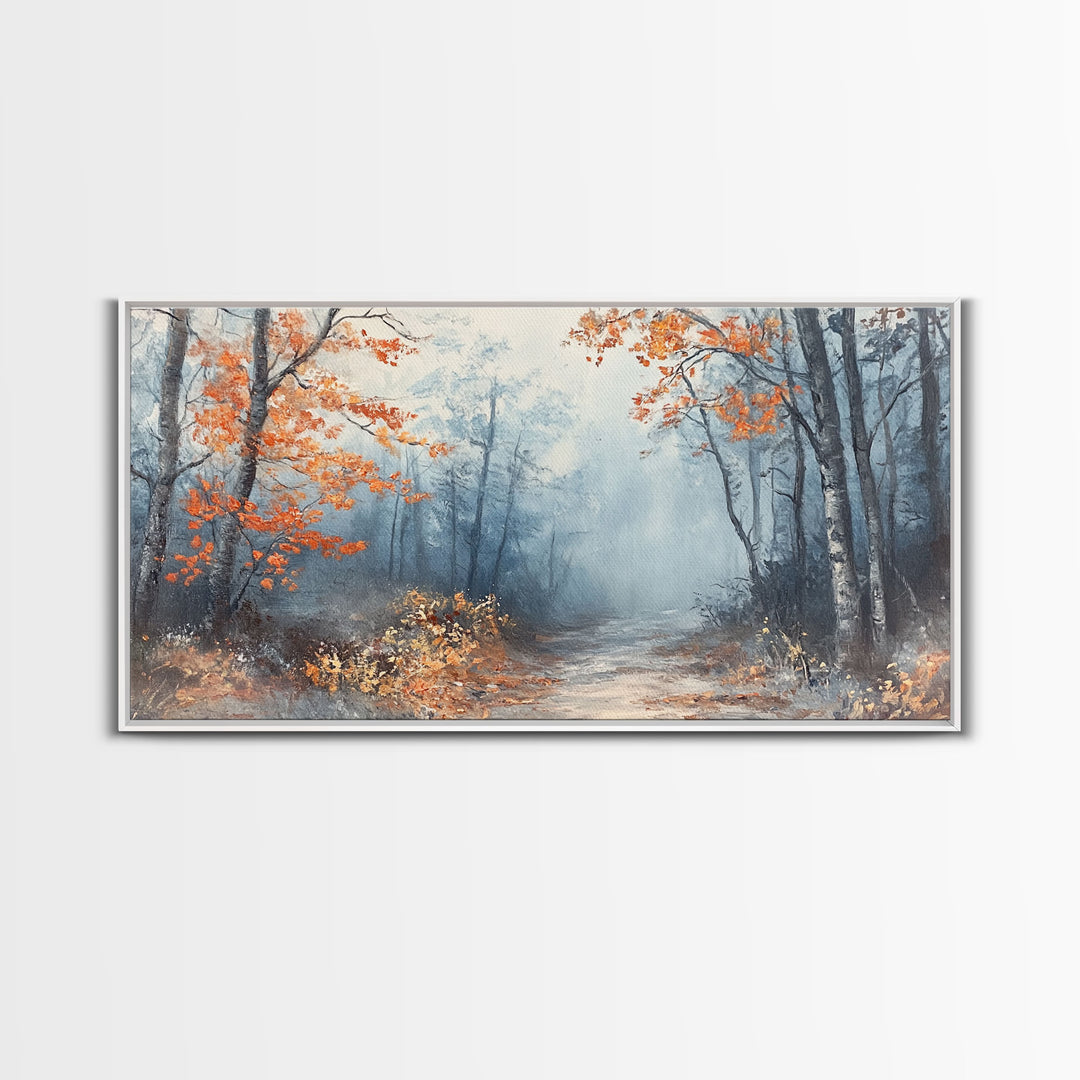 Winter Forest Path Framed Canvas Print, Misty Trees and Snow Scene, Landscape, Winter Wonderland Art, Christmas Home Decor, Holiday Gift