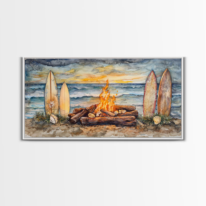 Surfboards And Bonfire On The Beach At Sunset, Tropical Coastal Wall Art, Beach Christmas Decor, Framed Canvas Print